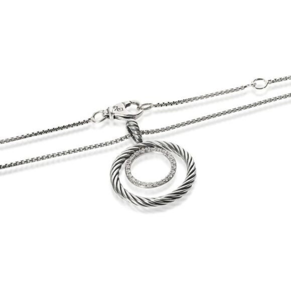 David Yurman Sterling Silver Cable Circle Pendant Necklace With Diamonds 16"-17" - Picture 2 of 9